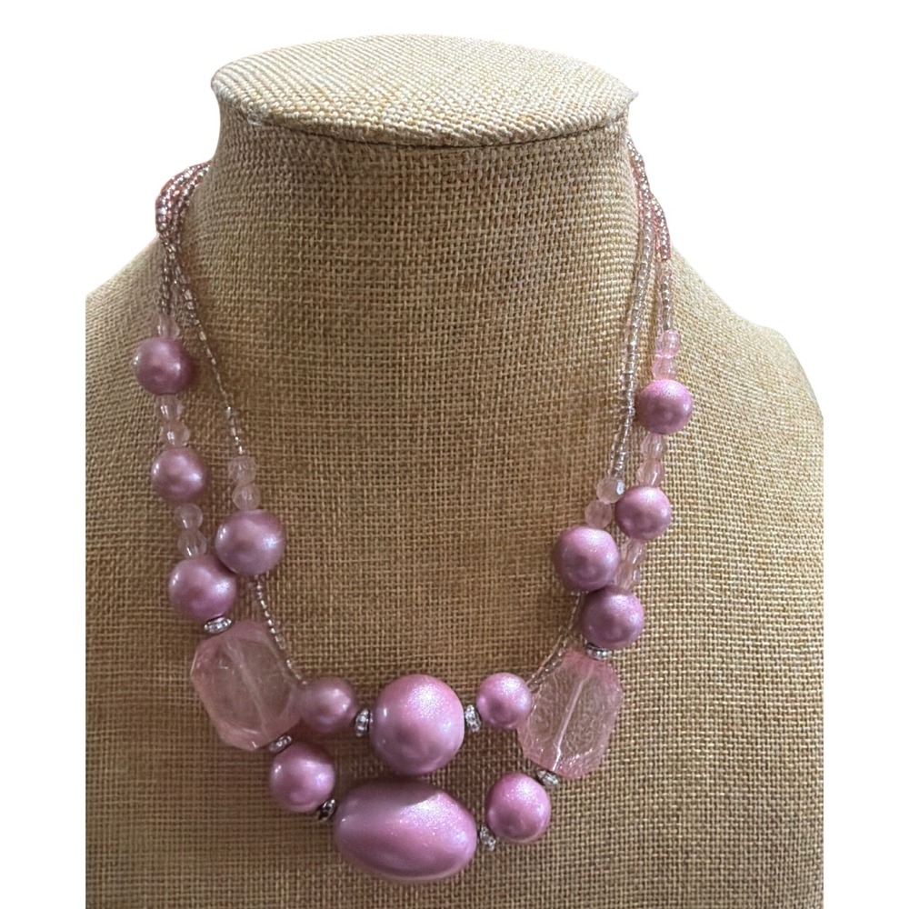 Mauve Pink Double Strand Faux Pearl and Faceted Bead Statement Necklace Romantic